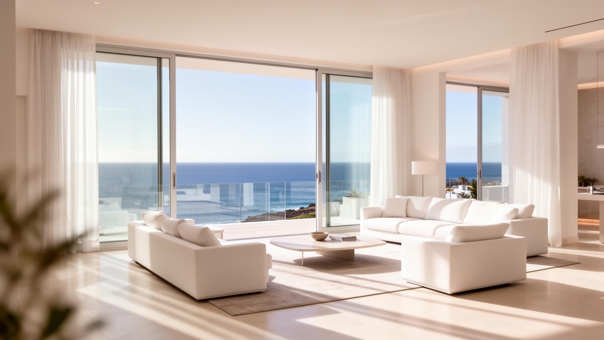 Interior moderno de vivienda vacacional con vistas al mar en Canarias